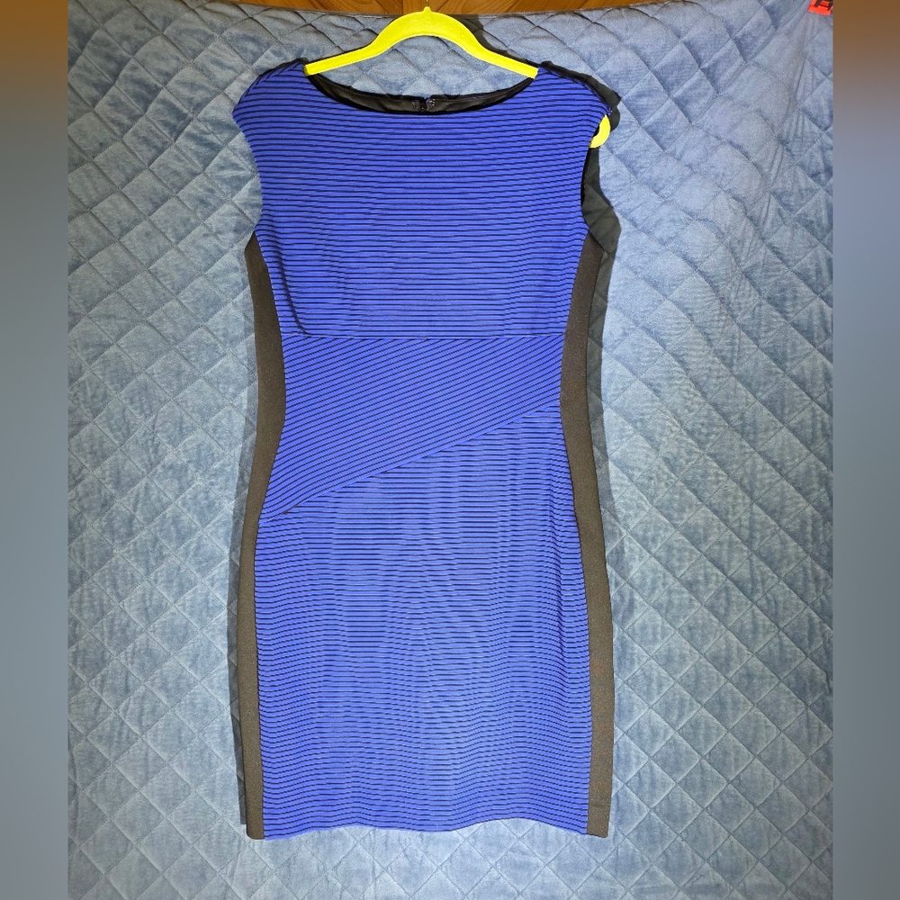 Chaps Blue and Black Striped Textured Midi Dress Sz 12